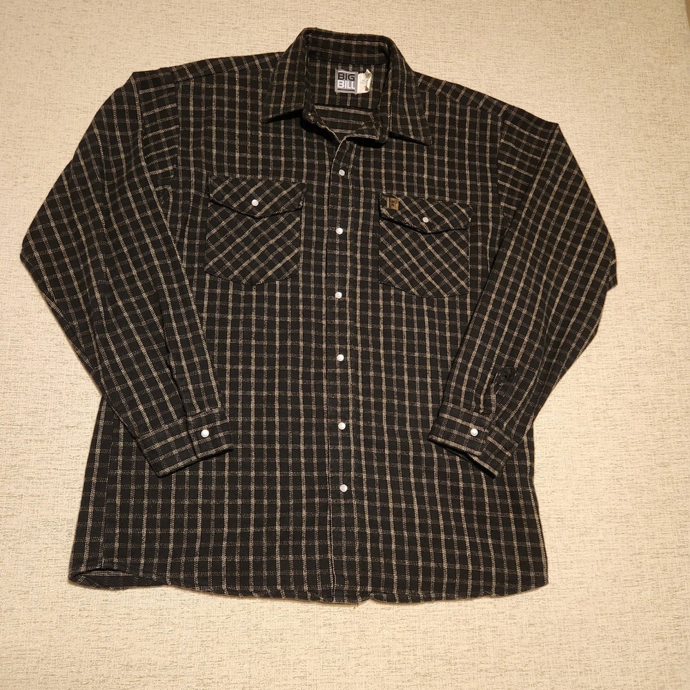 Big Bill Flannel Work Shirt Mens L Black Grey Grid Plaid Heavy Cotton Canada
